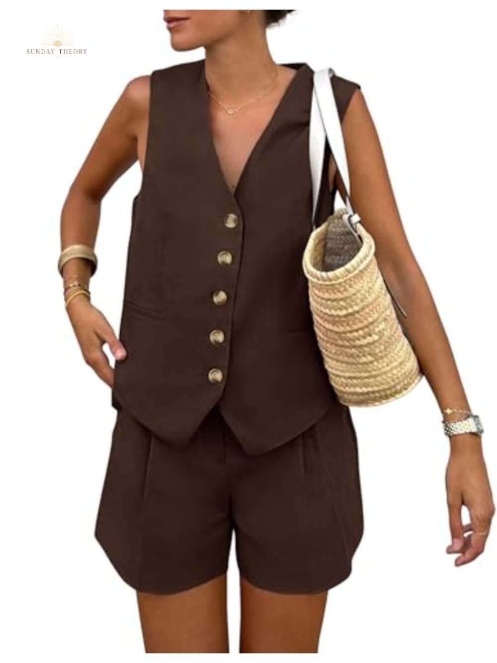 Women's Two Piece Vest and Shorts Set Button Front Sleeveless Matching Outfit